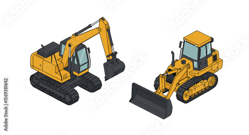 Construction equipment isometric vector illustration for engineering and design projects