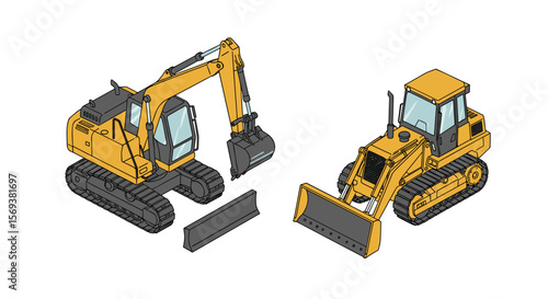 Construction machinery vehicles vector illustration: isometric heavy equipment for design projects