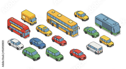 Isometric city vehicles collection vector illustration for transport design and urban planning