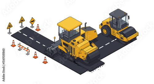 Isometric road construction vector illustration: paving machinery and safety signs for urban development design