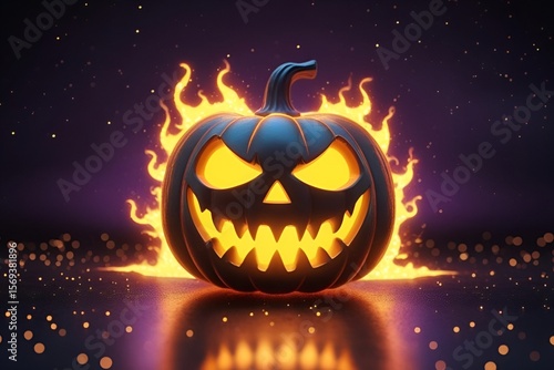 Fiery Glowing Jack-o'-Lantern with Flames and Starry Halloween Background