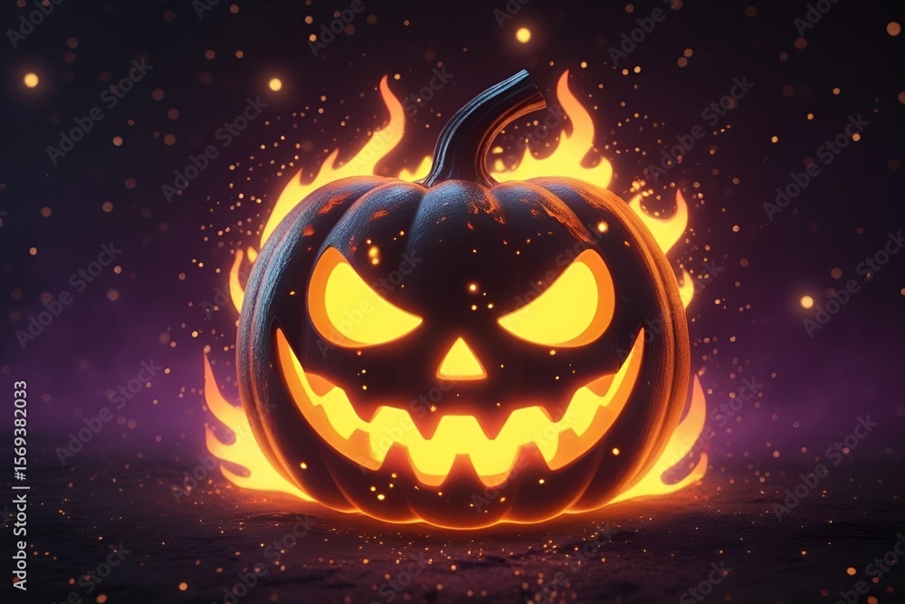 Naklejka premium Fiery Glowing Jack-o'-Lantern with Flames and Starry Halloween Background
