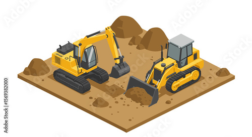 Construction site with excavator and bulldozer vector illustration in isometric style
