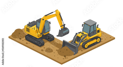 Heavy construction equipment vector illustration: excavator and bulldozer in isometric style for engineering design