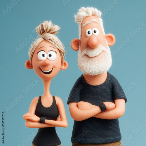 A cartoon couple with a man wearing a black shirt and a woman wearing a black tank top. The man is smiling and the woman is smiling as well