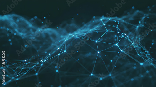 Glowing network of blue lines and dots creates a digital futuristic landscape, representing data connections and technology.