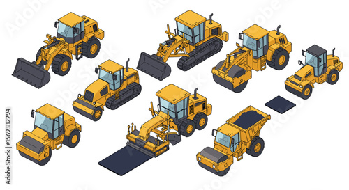 Construction vehicles collection vector illustration: isometric heavy machinery for design and educational use
