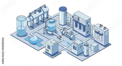 Isometric vector illustration of industrial water treatment plant for engineering and environmental design