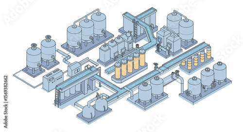 Isometric vector illustration of industrial water purification system for engineering and design projects