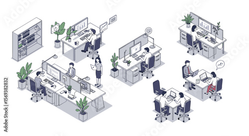 Modern office isometric vector illustration: workplace design with technology and collaboration elements
