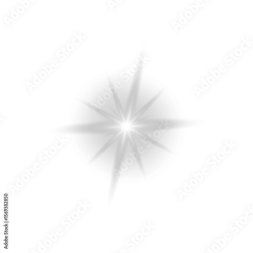 White Glowing Light Effect with Starburst and Lens Flare on Transparent Background. Shining Flash, Sparkle, and Glow Design Elements.