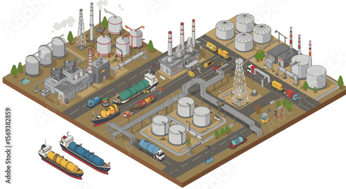 Isometric industrial oil refinery vector illustration for design and print