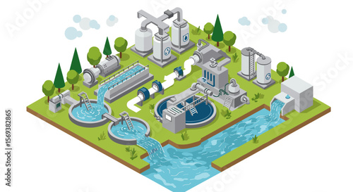 Isometric vector illustration of water treatment plant for sustainability and engineering design