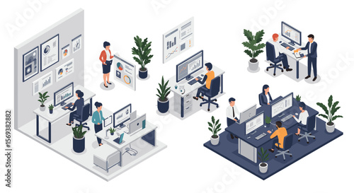 Modern office workflow vector illustration in isometric style for business design and posters