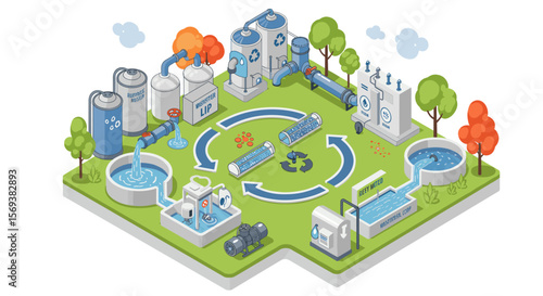 Water treatment plant process isometric vector illustration for environmental conservation design