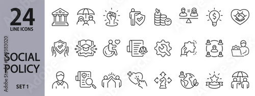 Set of Social Policy line icons with Government, Justice, Community, Equality, Benefit, Support, Strategy and others. Editable stroke