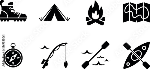 Vector Camping Icons:  Black Silhouette Adventure Set
