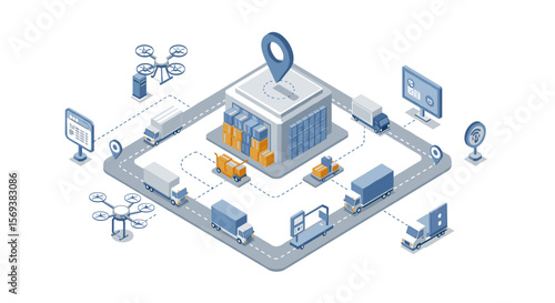 Isometric vector illustration of logistics and delivery network for supply chain management