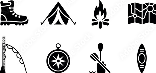 Vector Camping Adventure Icons:  Black Silhouette Style