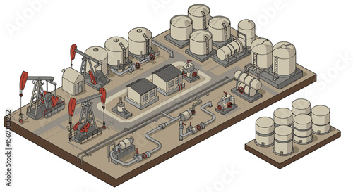 Industrial oil refinery vector illustration in isometric style for engineering design