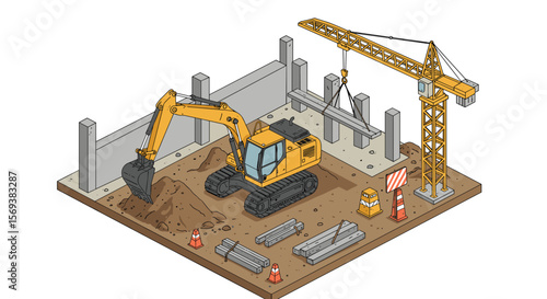 Isometric construction site vector illustration with excavator and crane for engineering and architecture design