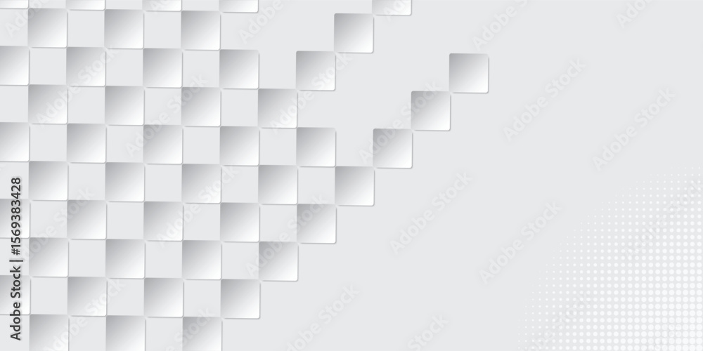 Obraz premium A modern abstract background featuring a gradient of light gray to white, adorned with a geometric pattern of raised squares on the left and a subtle halftone dot gradient on the right. 