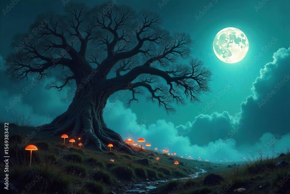 Fototapeta premium Ancient Oak Tree in Misty Moonlit Clearing, Glowing Mushrooms, Spooky Fantasy Scene