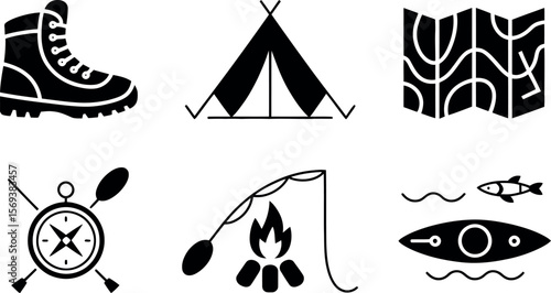 Vector Camping Icons:  Adventure Gear, Tent, Map, Compass, Kayak