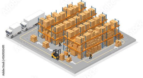 Isometric vector illustration of a modern warehouse with logistics and transportation elements for business and supply chain concepts