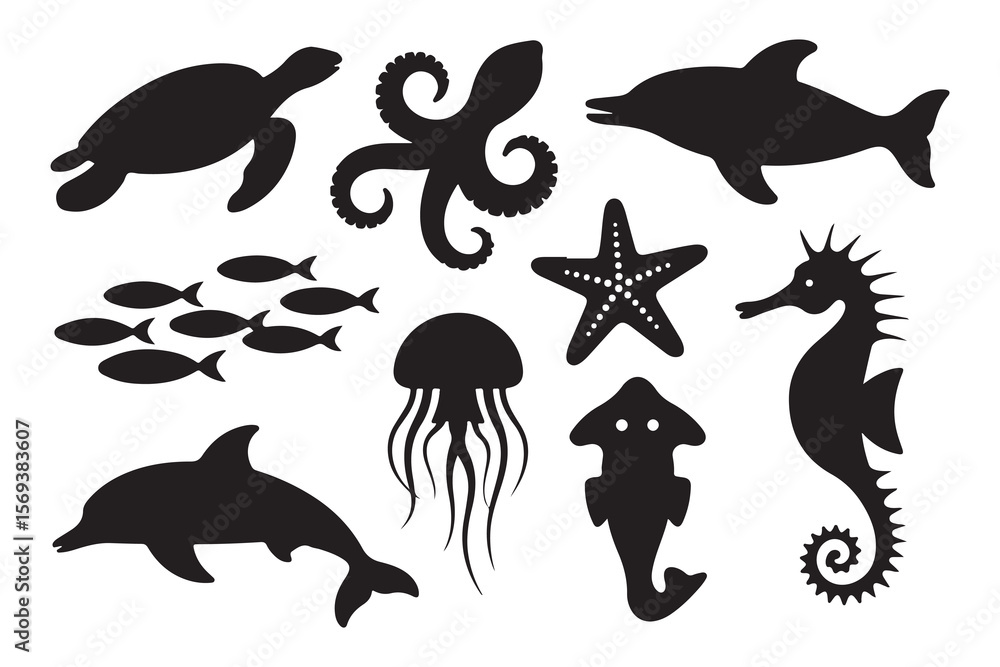 Fototapeta premium Set of marine animals black silhouette in cartoon style, cute sea animals isolated on white background, sea fish desing alements for poster, card, printing characters.
