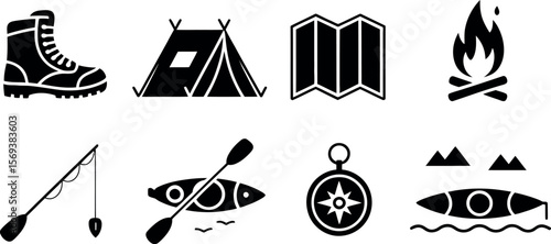 Vector Camping Adventure Icons:  Black Silhouette Style