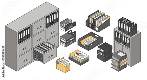 Isometric office organization vector illustration with filing cabinets and folders for workplace design