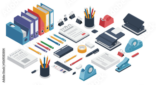 Isometric office supplies vector illustration for organization and workspace design