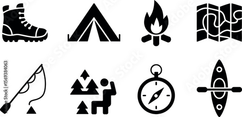Vector Camping Adventure Icons:  Black Silhouette Style