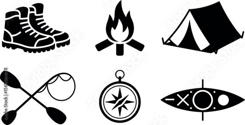 Vector Camping Icons: Boots, Fire, Tent, Kayak, Paddle, Compass