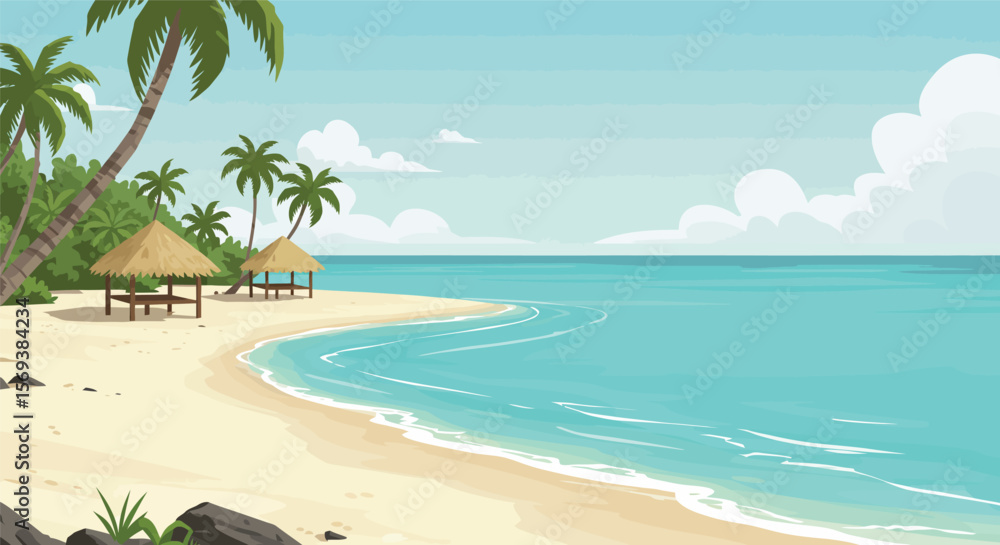 Fototapeta premium A serene tropical beach with swaying palm trees, crystal-clear ocean water, and a bright blue sky invites a relaxing summer vacation in paradise