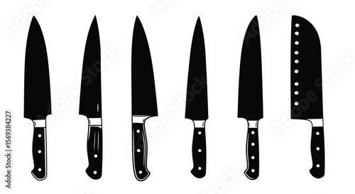 A set of isolated, sharp kitchen knives with shiny stainless steel blades and black handles, essential cooking tools