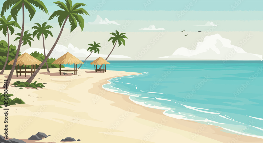 Fototapeta premium A serene tropical beach with swaying palm trees, crystal-clear ocean water, and a bright blue sky invites a relaxing summer vacation in paradise