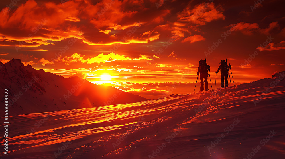 Two people hiking in a winter mountain landscape at sunset Two people hiking in a winter mountain landscape at sunset