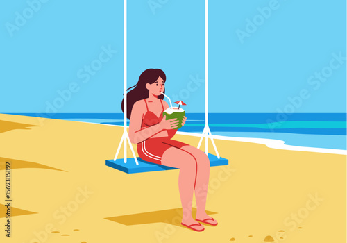 A young woman enjoys a refreshing drink from a coconut while relaxing on a beach swing under a clear blue sky, illustrating a perfect tropical vacation.