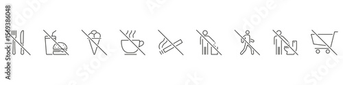 Prohibited Activities Line Icon Set. No Eating, Drinking, Smoking, Littering, Toilet Use and Shopping Outline Symbol Collection. Regulation Signs. Editable Stroke. Isolated Vector Illustration