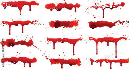 Blood splatter vector set, red liquid drips, horror stains, realistic blood drops, isolated gore effect, dripping shapes, Halloween design elements