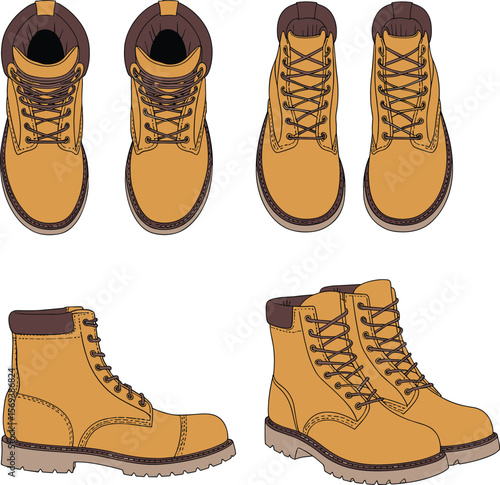 Detailed hand-drawn illustration of rugged brown work boots, different views of lace-up leather footwear, durable construction boot design