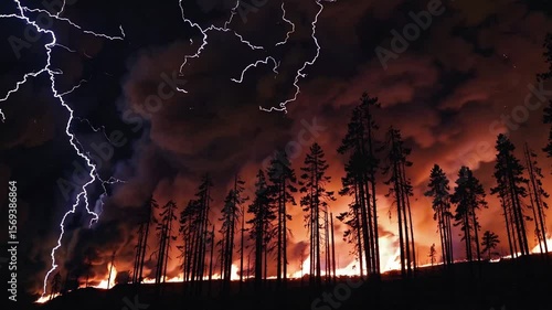 Majestic fire illuminated by lightning strikes at night in a forest