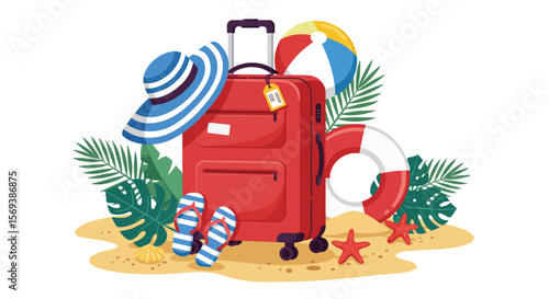 A vibrant vector illustration depicts a fun summer beach vacation with a set of beach accessories and travel icons