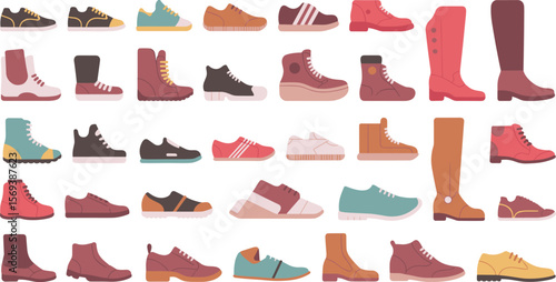 Flat minimalist illustration of various shoes, modern footwear styles for men and women, sneakers, boots, casual, formal, colorful icons
