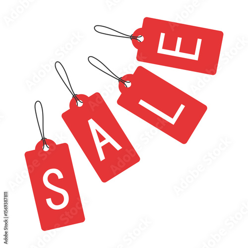 Set of four red labels with SALE text. Black Friday, Cyber Monday, Christmas sales, retail promotion, holiday sale, e-commerce, social media, flyers, online shopping ads, banner, poster, discount