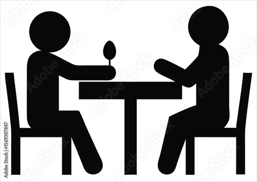 Two silhouette people sitting at a table. Ideal for use in hospitality branding, restaurant signage, dining reservation apps, food delivery services, coworking space promotions, social event