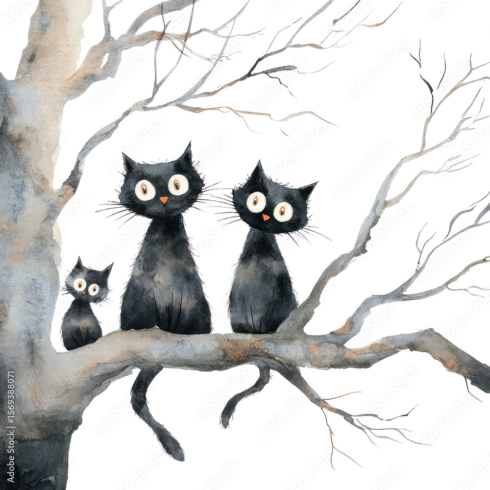 Fototapeta premium Whimsical Halloween Watercolor Illustration of Playful Black Cats in a Tree, Perfect for Festive Seasonal Decor