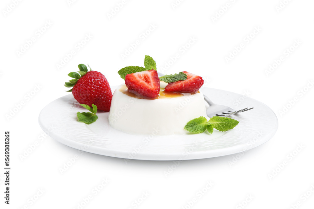 Tasty panna cotta with caramel, strawberries and mint isolated on white Tasty panna cotta with caramel, strawberries and mint isolated on white